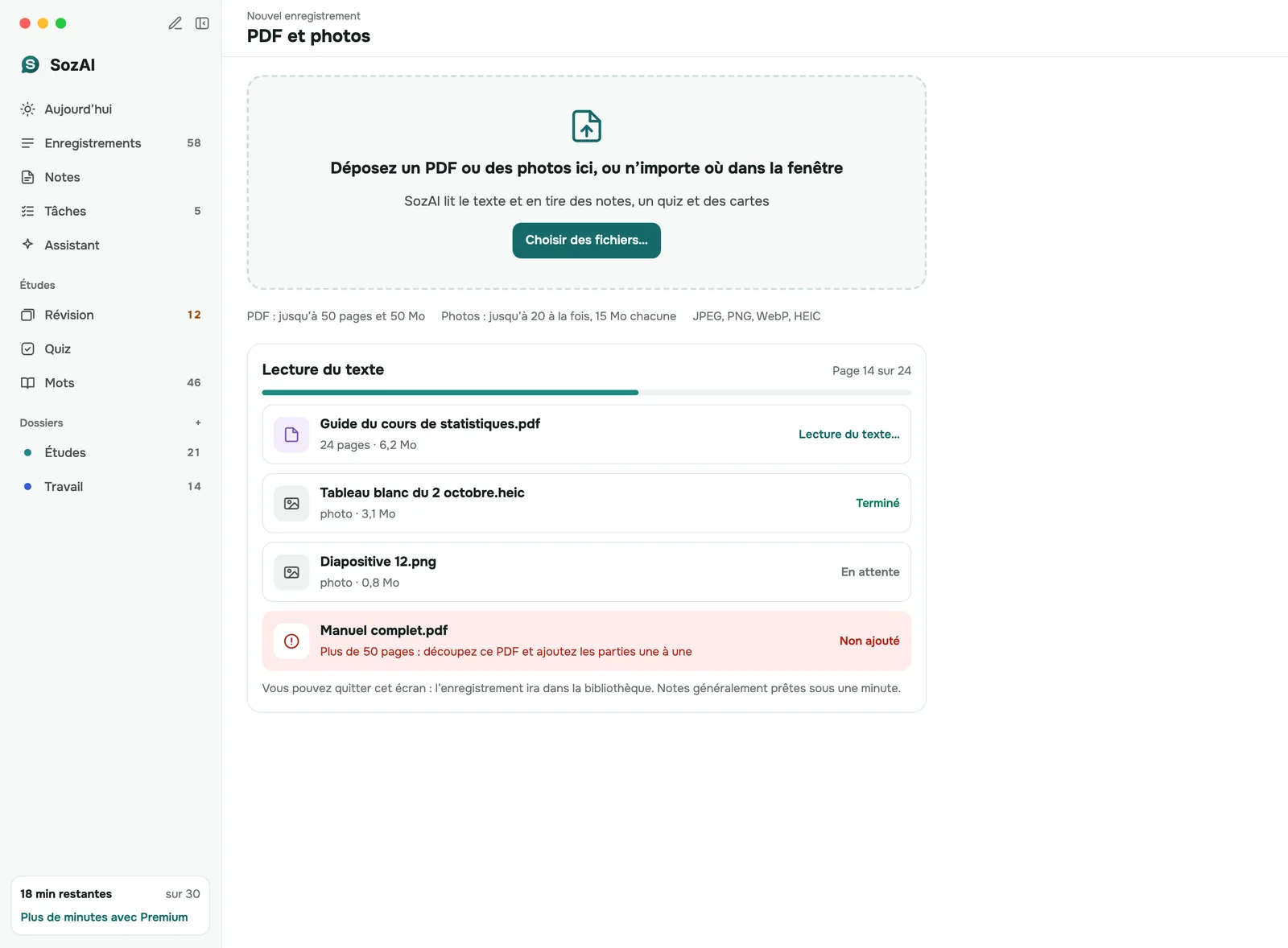 App Mac ajoutant un PDF et des photos : zone de dépôt, limites de fichiers et progression de la lecture de chaque fichier