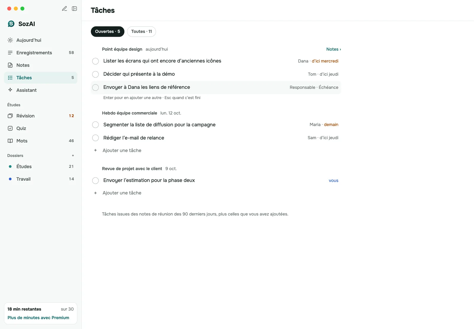 Tâches tirées de réunions dans SozAI pour Mac, regroupées par réunion, chacune avec un responsable et une échéance