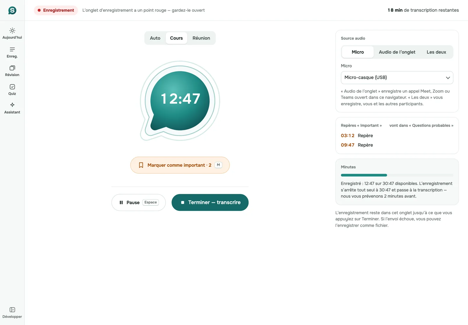 L'app web SozAI en train d'enregistrer une session, avec le sélecteur de source audio : micro, audio de l'onglet ou les deux