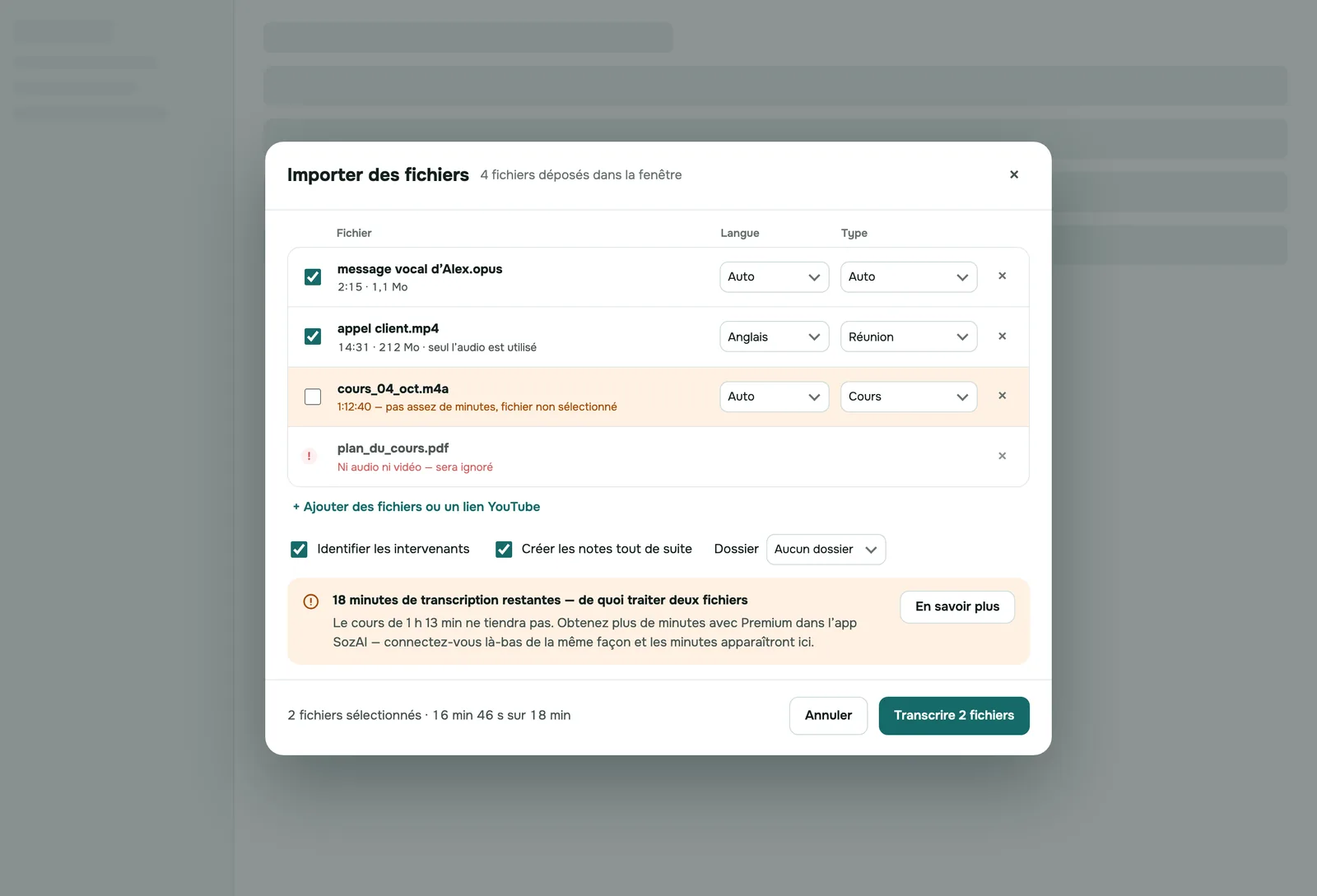 App web SozAI : la boîte de dialogue d'import avec quatre fichiers d'entretien prêts à être transcrits
