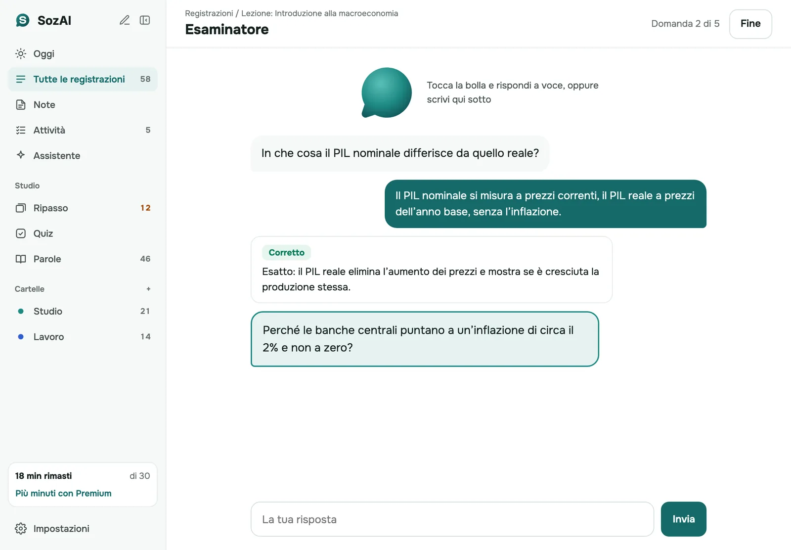 Esaminatore su iPad: una domanda su una lezione, la risposta dello studente e un verdetto «Correct» con una spiegazione