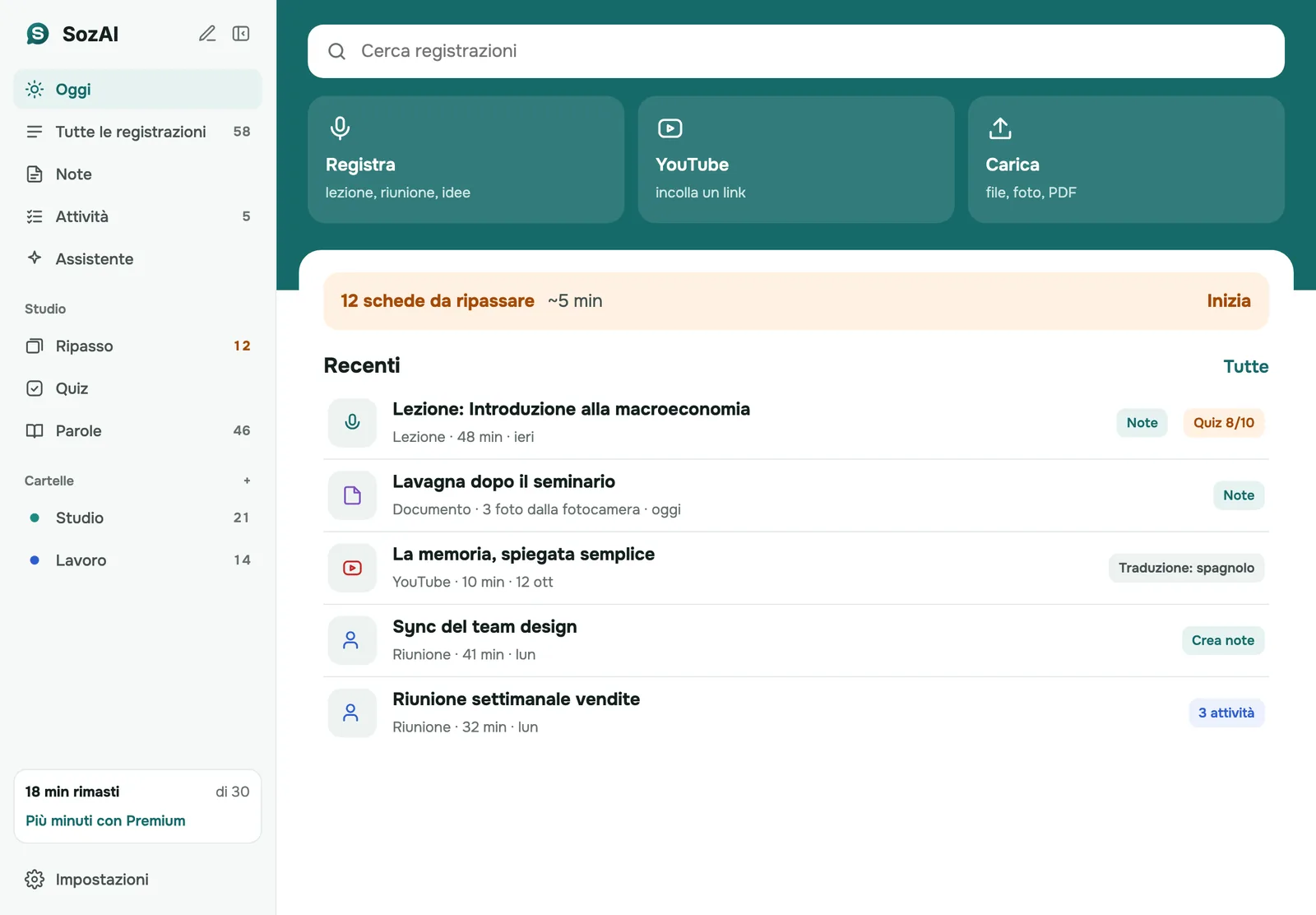 App SozAI: la schermata Oggi con Carica, Registra e link YouTube, e le registrazioni recenti
