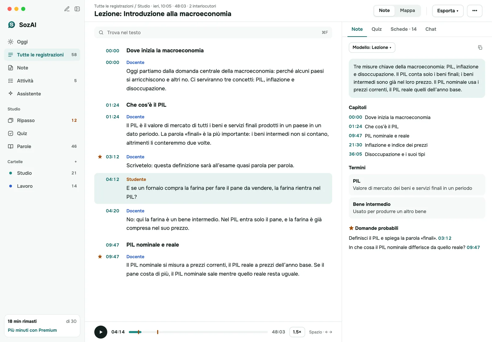 SozAI su Mac: la trascrizione di una lezione con gli interlocutori a sinistra e gli appunti a destra