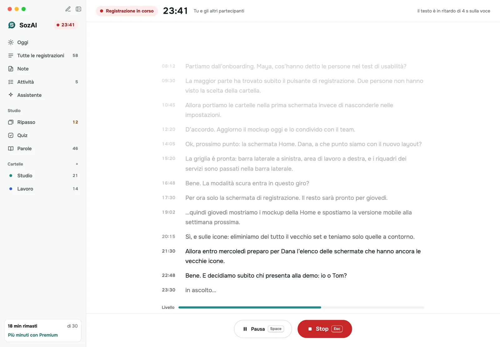 SozAI per Mac che scrive in diretta la trascrizione di una riunione mentre il timer della registrazione scorre