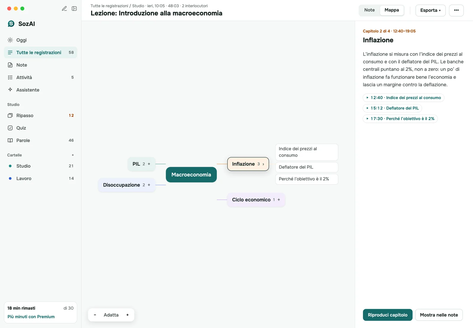 Mappa mentale di una lezione di macroeconomia su Mac, un capitolo selezionato con il suo riassunto e i marcatori temporali accanto