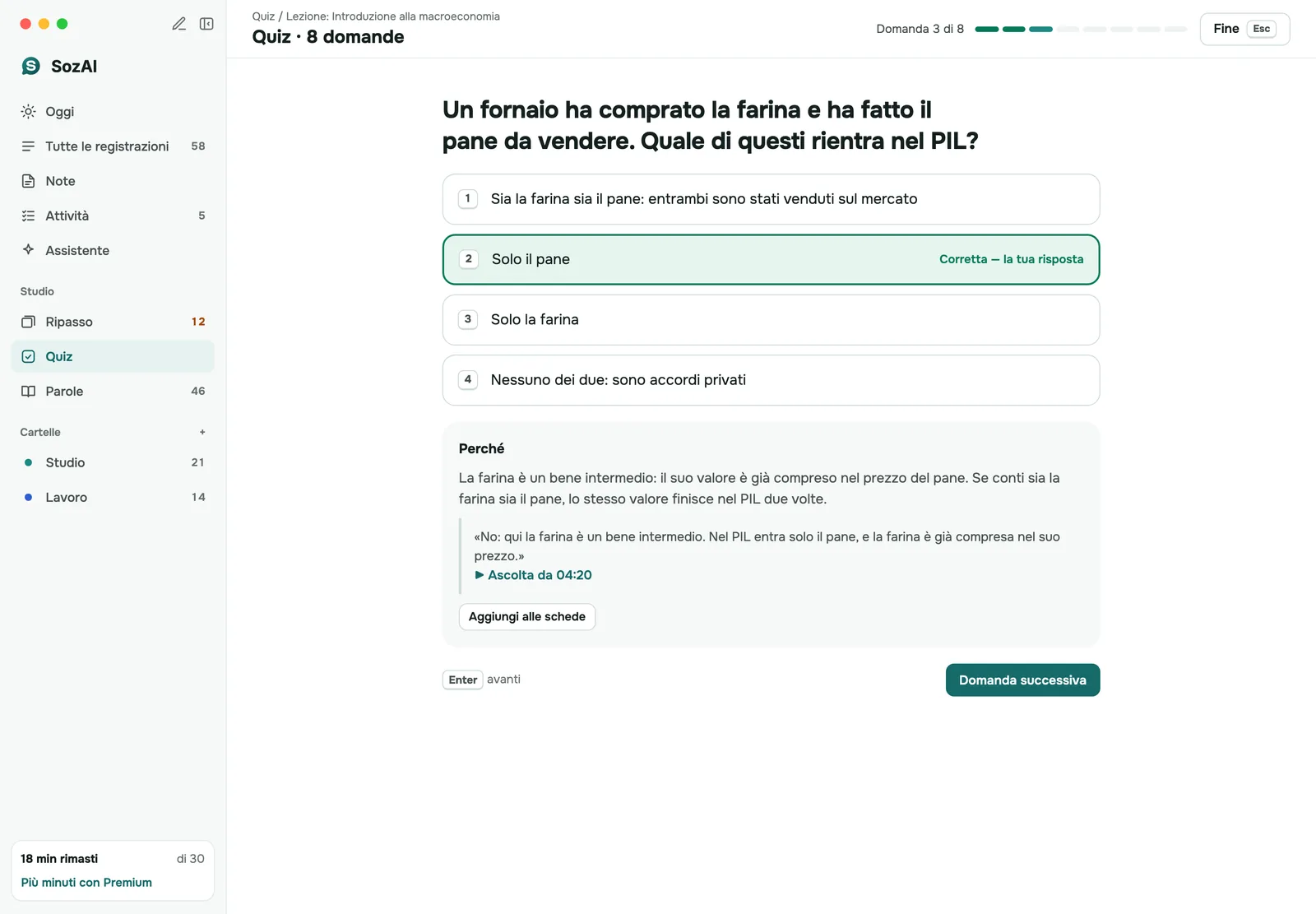 Quiz di SozAI su Mac: una domanda su una lezione con la risposta scelta e la sua spiegazione