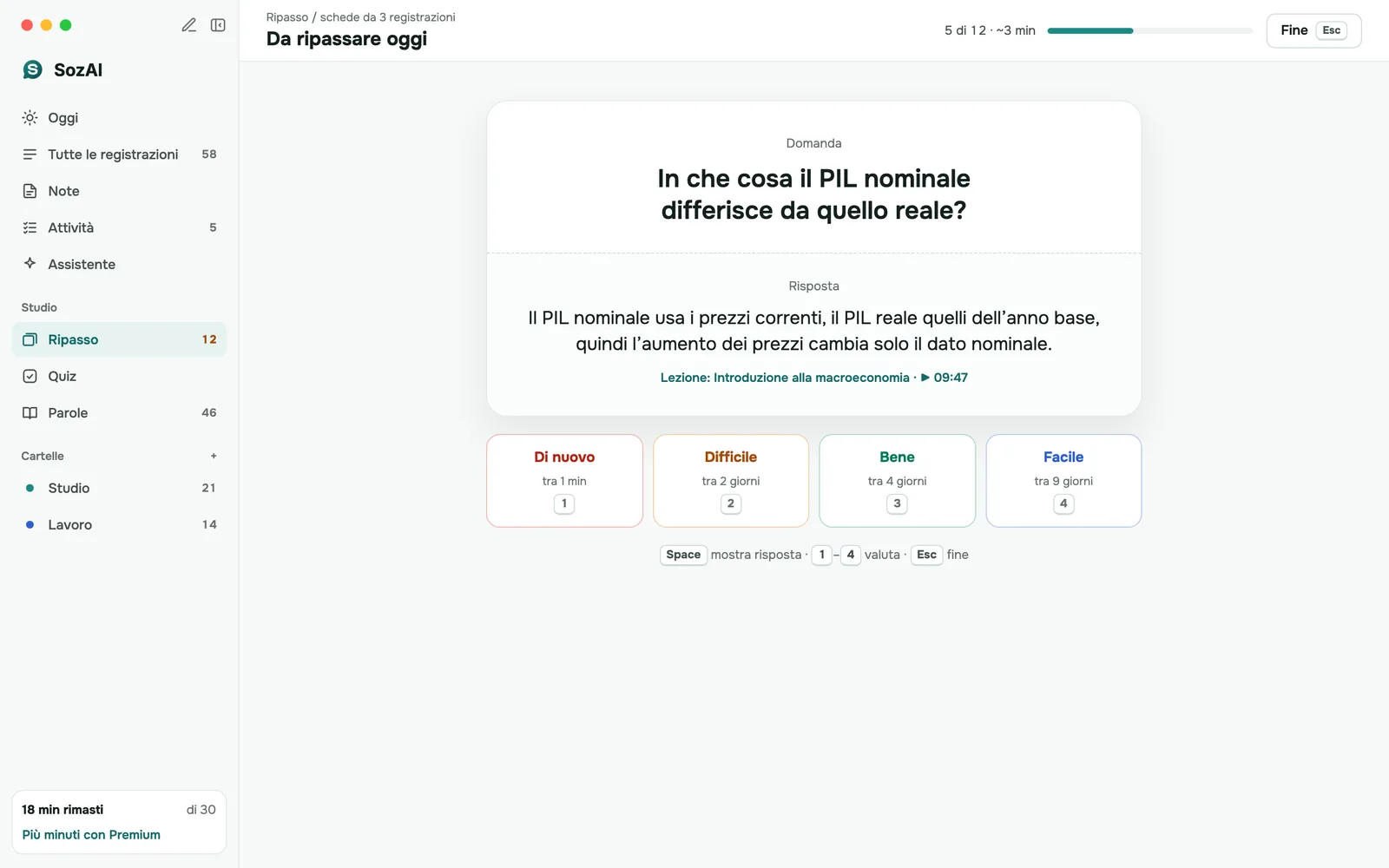 Ripasso di una flashcard: la risposta mostrata con un link al momento della lezione e i pulsanti Ancora, Difficile, Bene, Facile