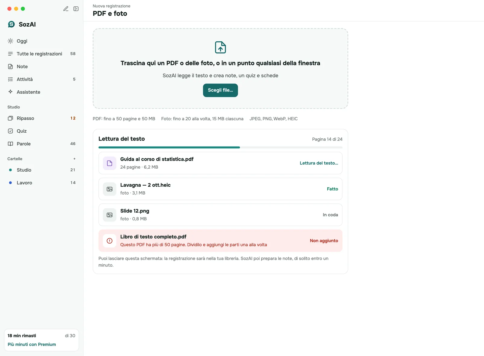 App per Mac che aggiunge un PDF e delle foto: area di rilascio, limiti dei file e avanzamento per ogni file letto