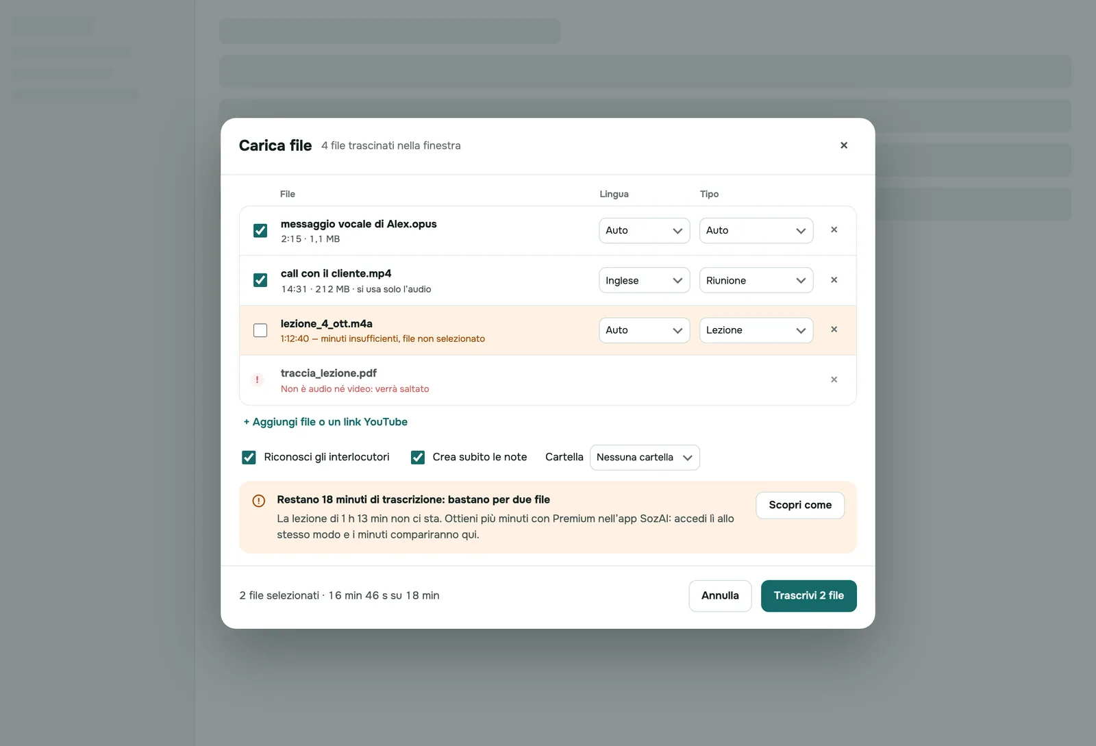 App web di SozAI: la finestra di caricamento con quattro file di interviste pronti per essere trascritti