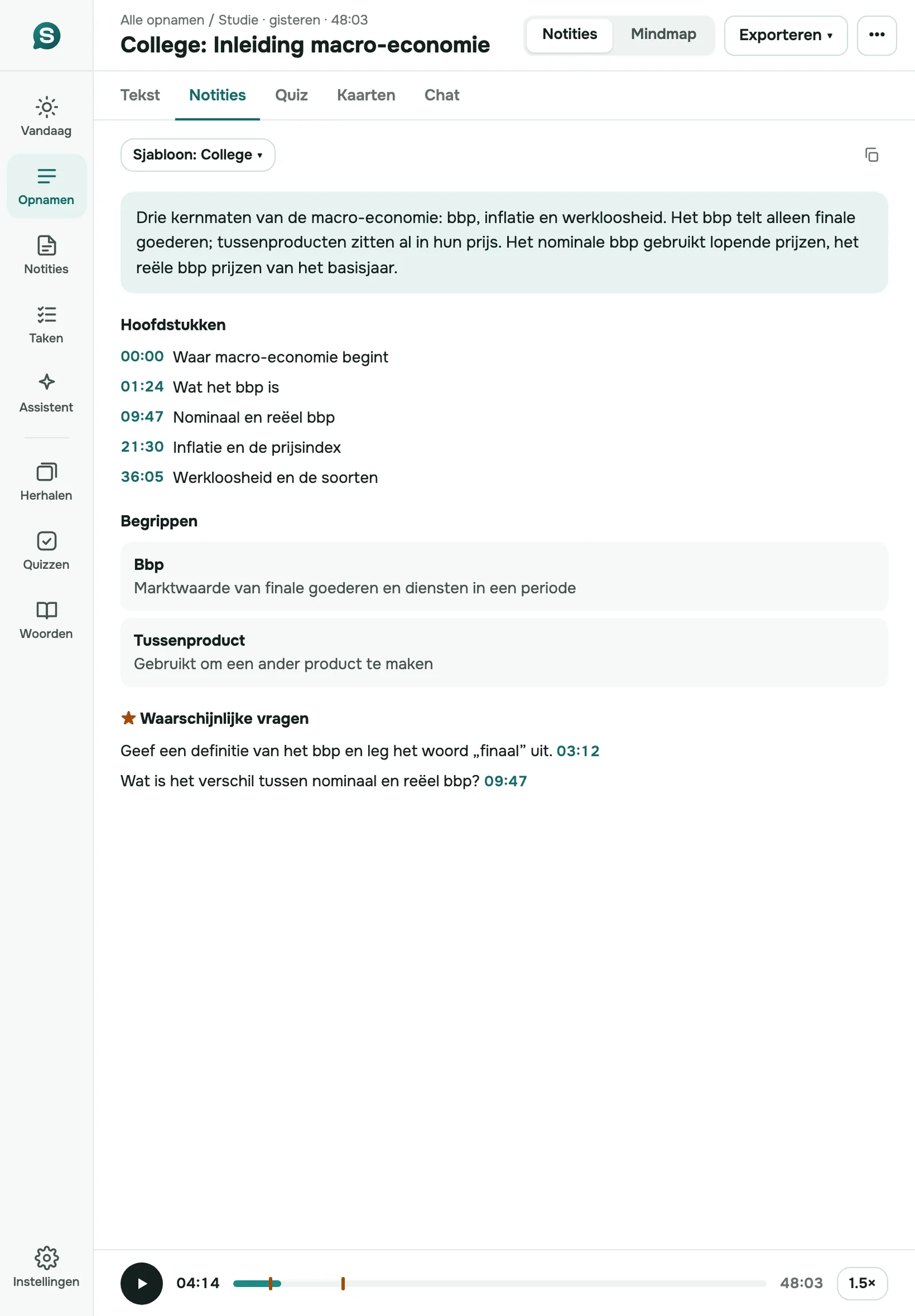 SozAI op iPad in staande stand: collegenotities met hoofdstukken, begrippen en de audiospeler