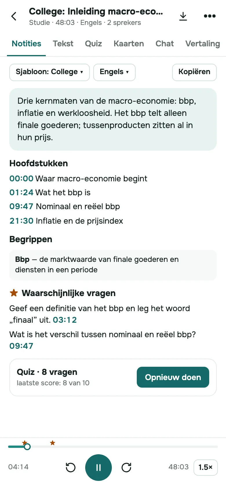 SozAI op iPhone: notities gemaakt van een opgenomen college