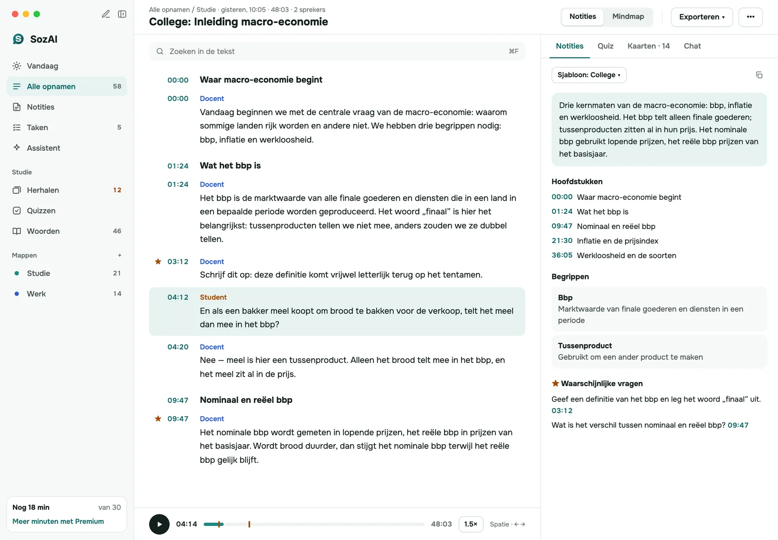 SozAI op Mac: een collegetranscript met sprekers links en notities rechts