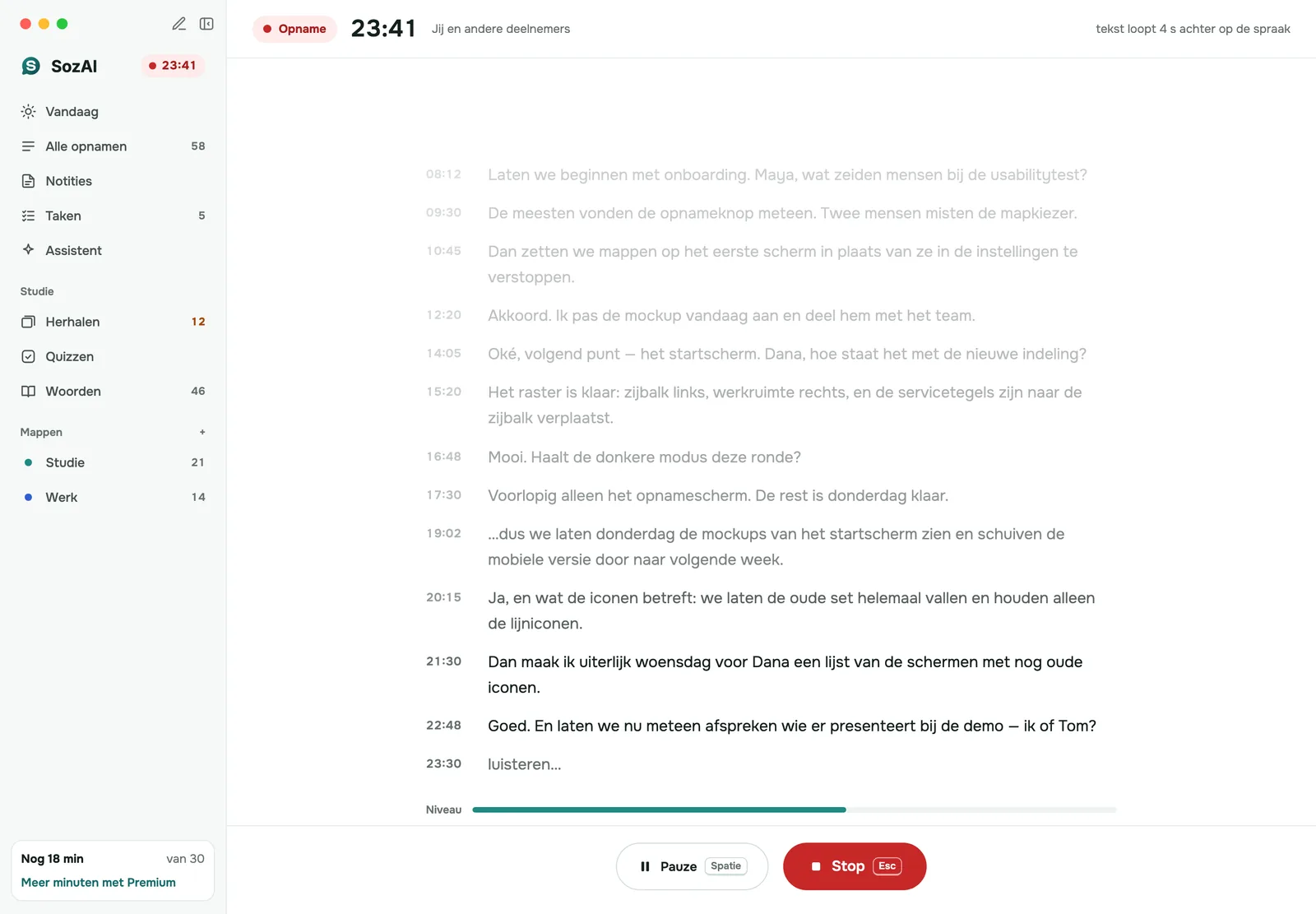 SozAI voor Mac die live een vergadertranscript schrijft terwijl de opnametimer loopt