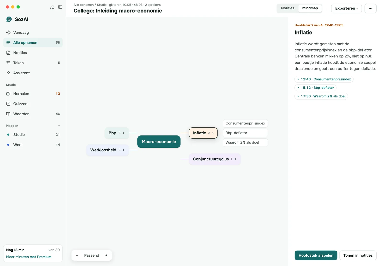 Mindmap van een college macro-economie op de Mac, met één hoofdstuk geselecteerd en ernaast de samenvatting en tijdstempels