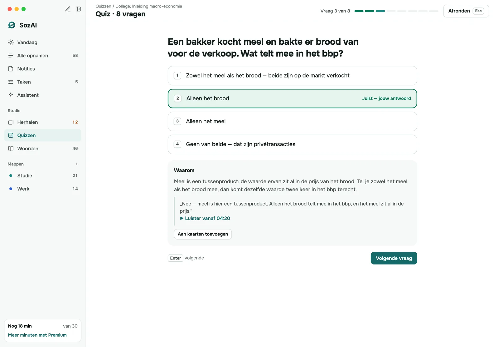 SozAI-quiz op Mac: een vraag over een college met het gekozen antwoord en de uitleg
