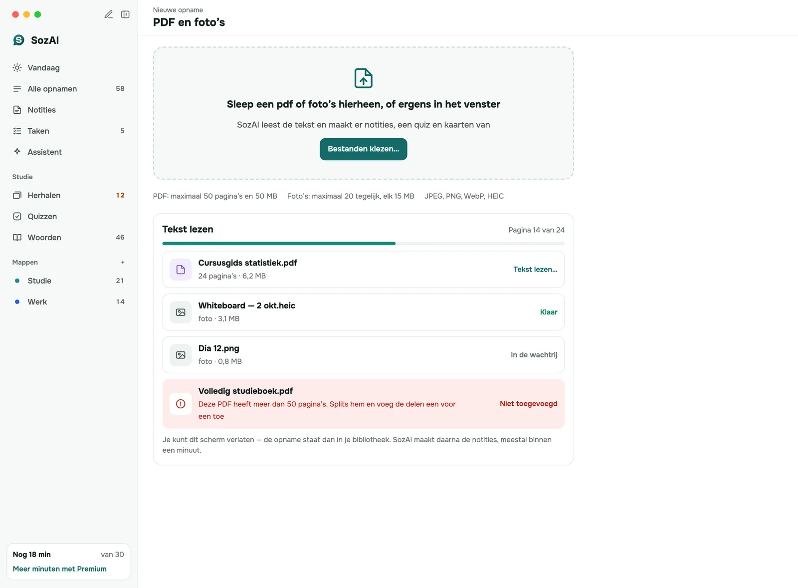 Mac-app die een pdf en foto's toevoegt: dropzone, bestandslimieten en voortgang van elk bestand dat wordt gelezen