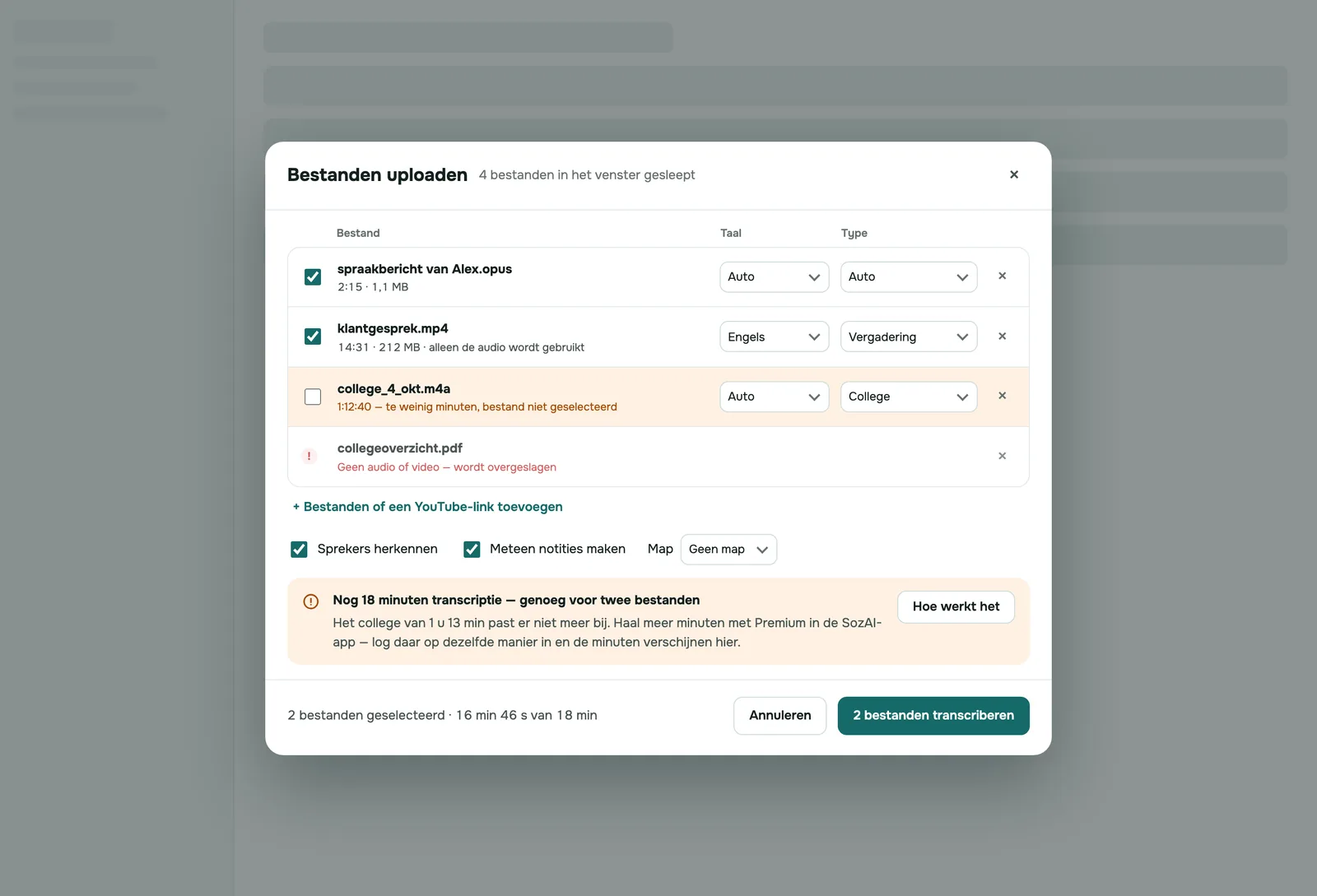 SozAI-webapp: het uploadvenster met vier interviewbestanden klaar om getranscribeerd te worden