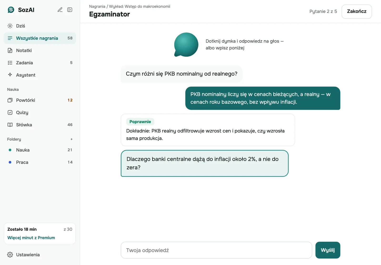 Egzaminator na iPadzie: pytanie o wykład, odpowiedź studenta i ocena „Correct” z wyjaśnieniem