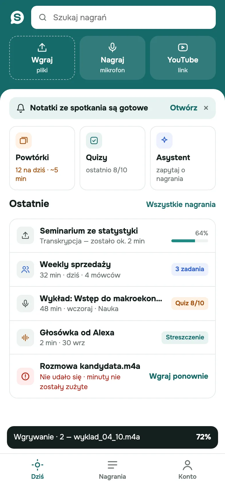 Ekran główny aplikacji SozAI z opcjami Wgraj, Nagrywaj i link do YouTube oraz ostatnimi nagraniami