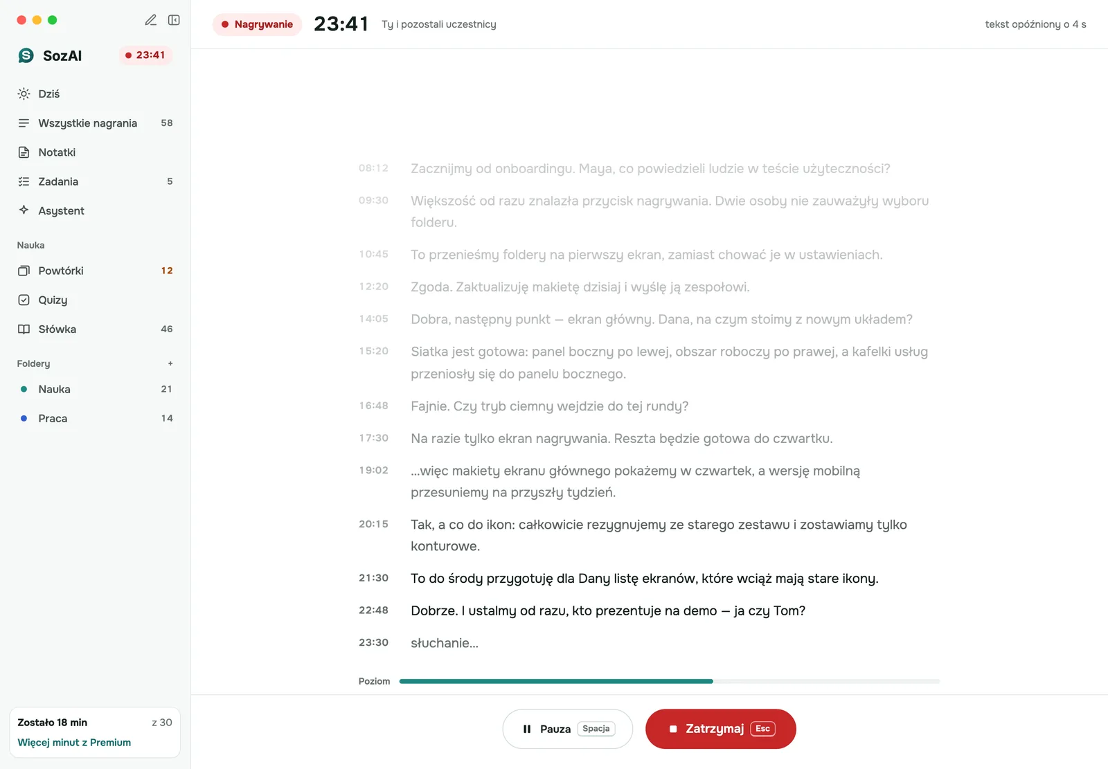 SozAI na Maca zapisuje transkrypcję spotkania na żywo, gdy działa licznik nagrywania
