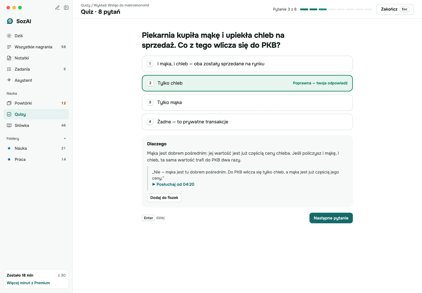 Quiz SozAI na Macu: pytanie o wykład z wybraną odpowiedzią i jej wyjaśnieniem