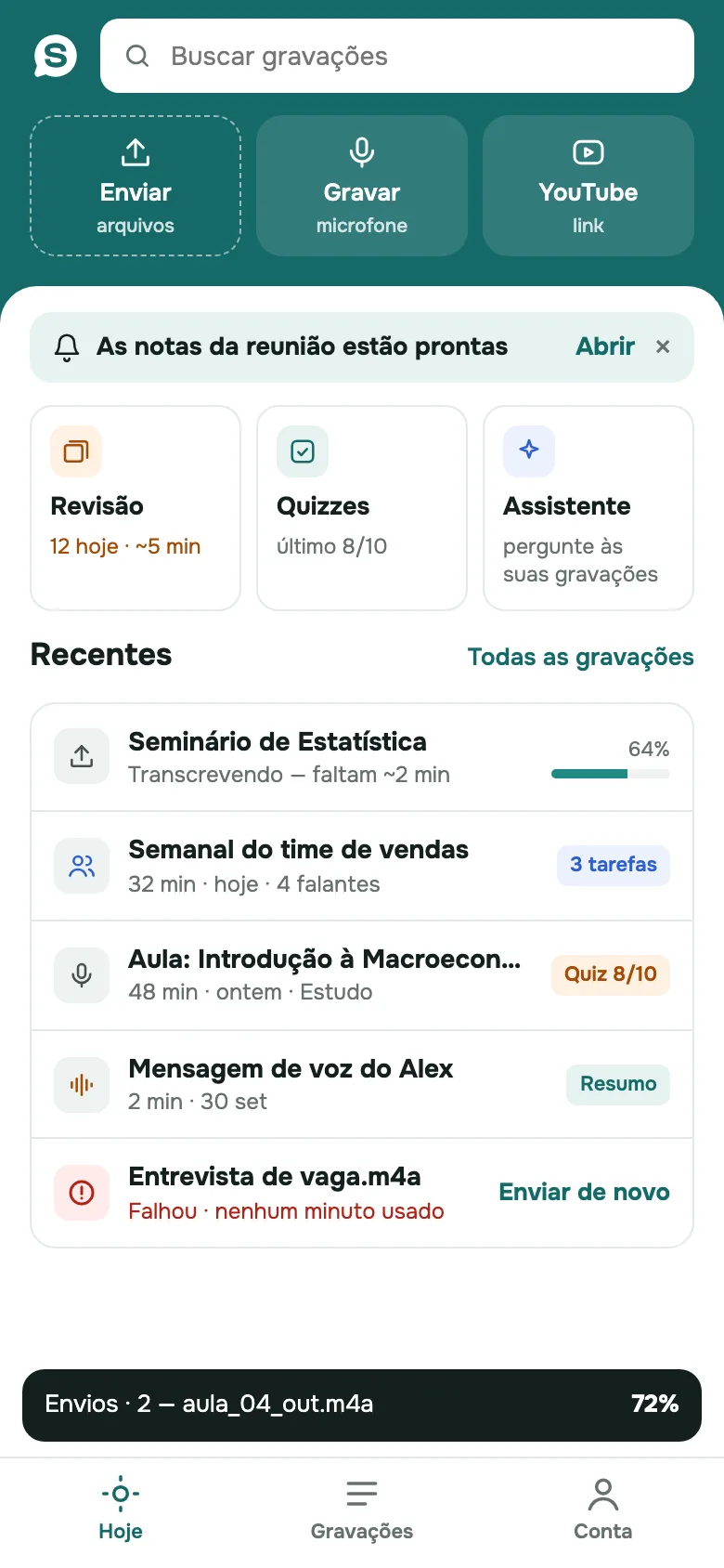 Tela inicial do app SozAI com Enviar, Gravar e Link do YouTube, e as gravações recentes