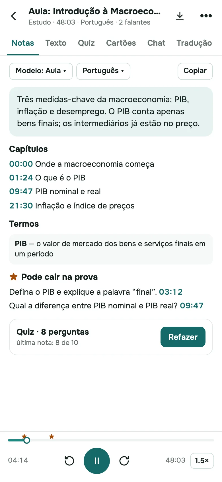SozAI no iPhone: anotações estruturadas feitas a partir de uma aula gravada