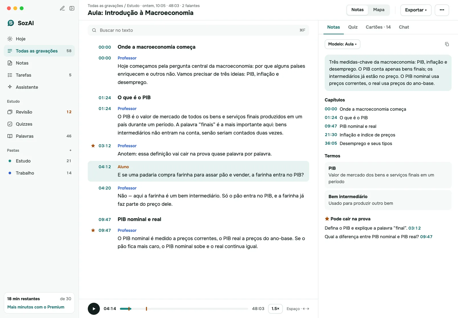 SozAI no Mac: a transcrição de uma aula com os falantes à esquerda e as anotações à direita