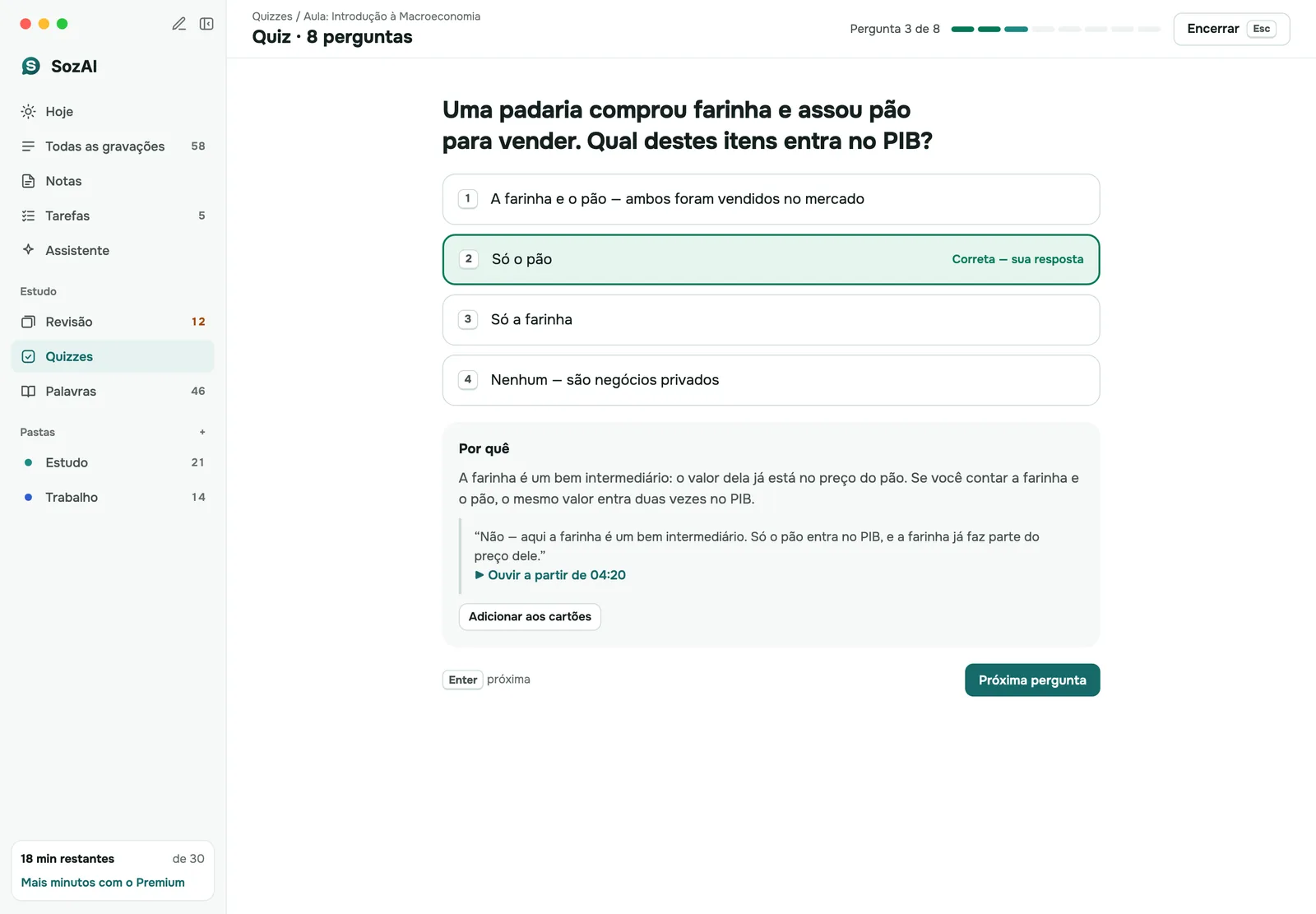 Quiz do SozAI no Mac: uma pergunta sobre uma aula com a resposta escolhida e a sua explicação