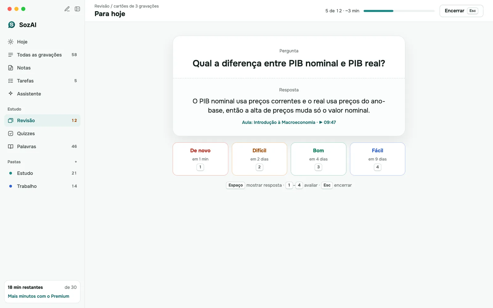 Revisão de flashcard: a resposta exibida com um link de volta ao momento da aula e os botões Errei, Difícil, Bom, Fácil