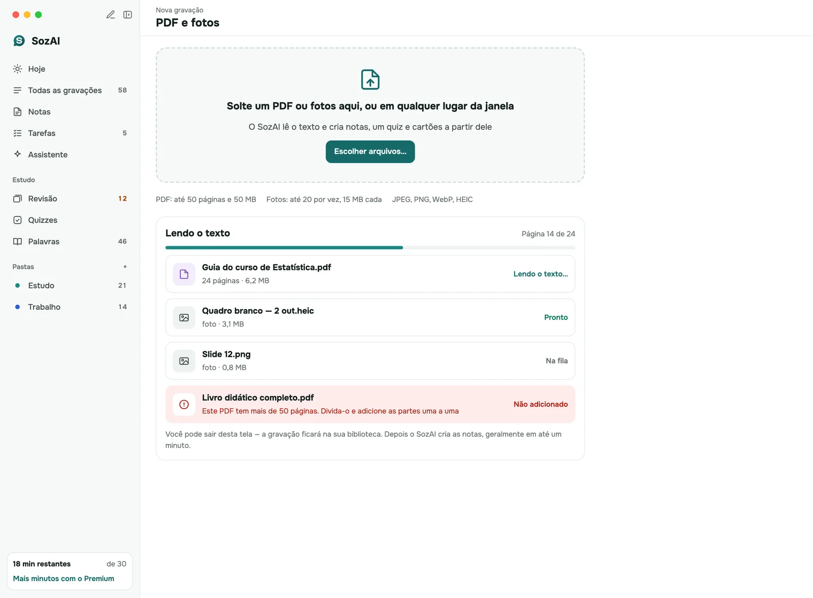 App para Mac adicionando um PDF e fotos: área para soltar arquivos, limites e progresso de cada arquivo sendo lido