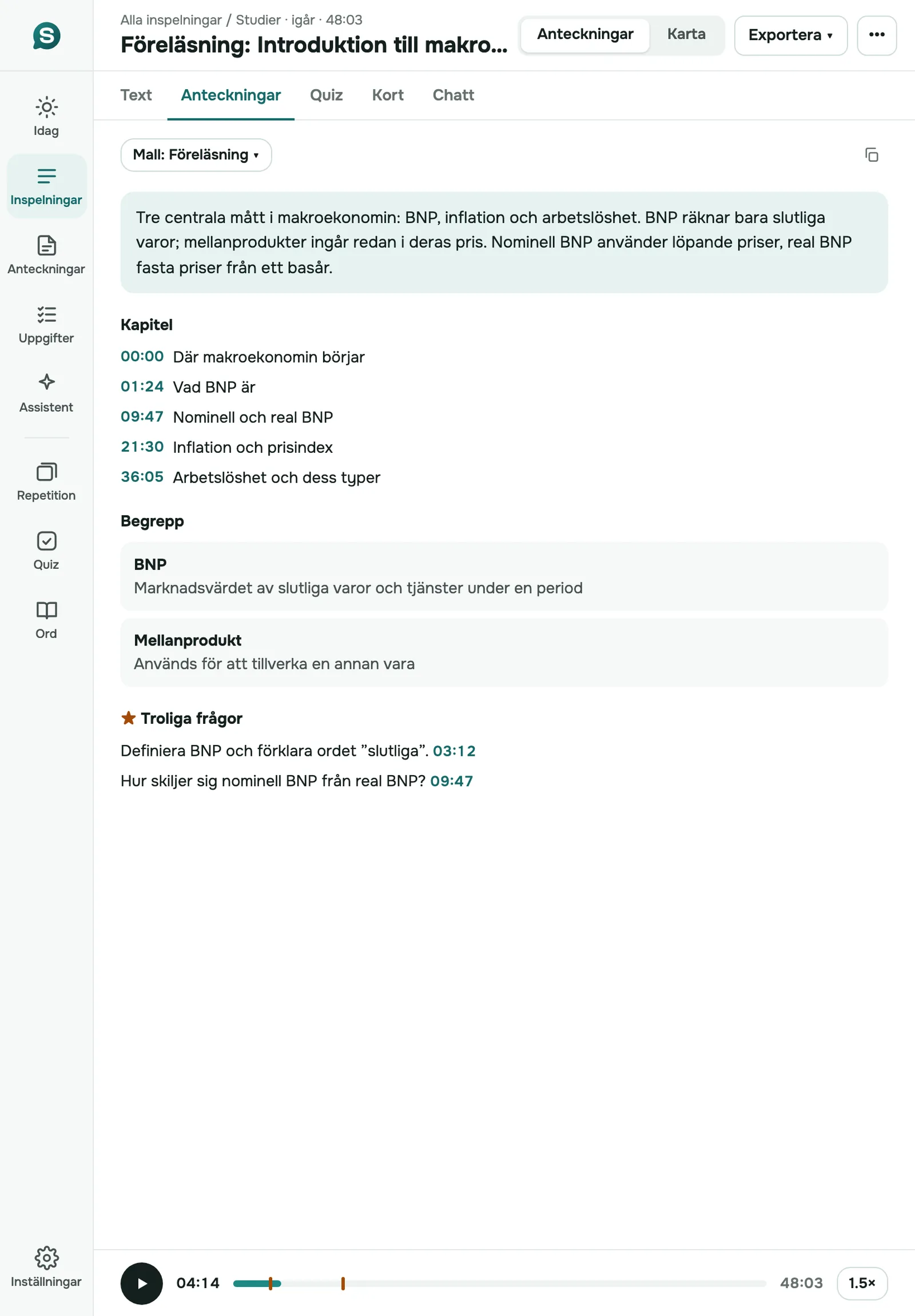SozAI på iPad i stående läge: föreläsningsanteckningar med kapitel, termer och ljudspelaren