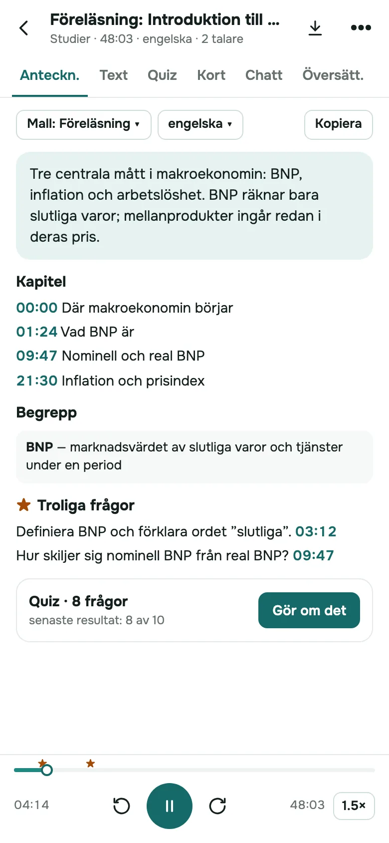 SozAI på iPhone: strukturerade anteckningar gjorda av en inspelad föreläsning