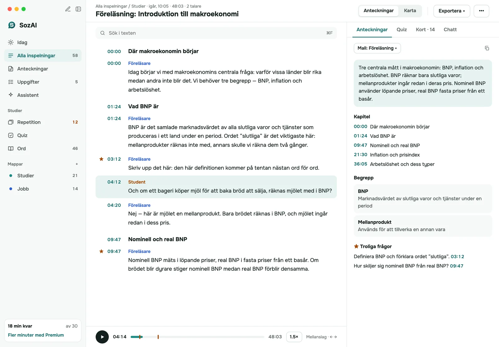 SozAI på Mac: en föreläsningstranskription med talare till vänster och anteckningar till höger