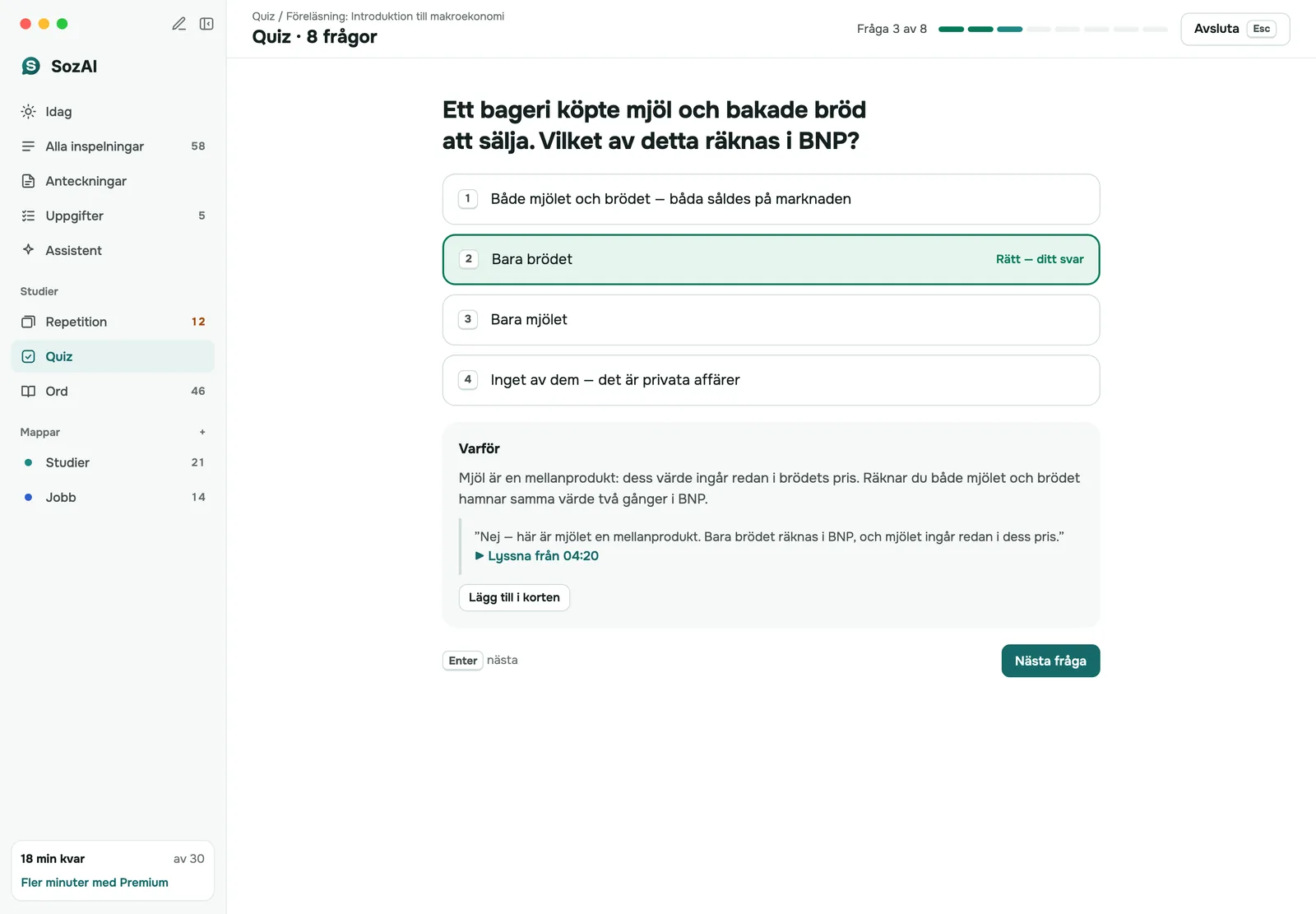 SozAI-prov på Mac: en fråga om en föreläsning med det valda svaret och dess förklaring