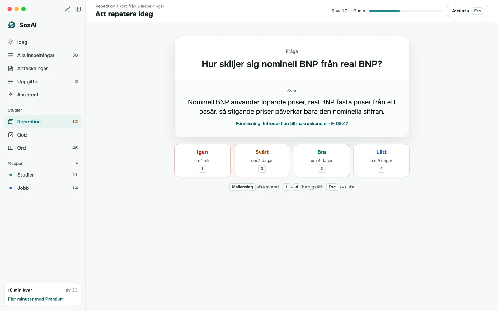 Repetition av flashcards: svaret visas med en länk tillbaka till föreläsningsögonblicket och knapparna Igen, Svårt, Bra, Lätt