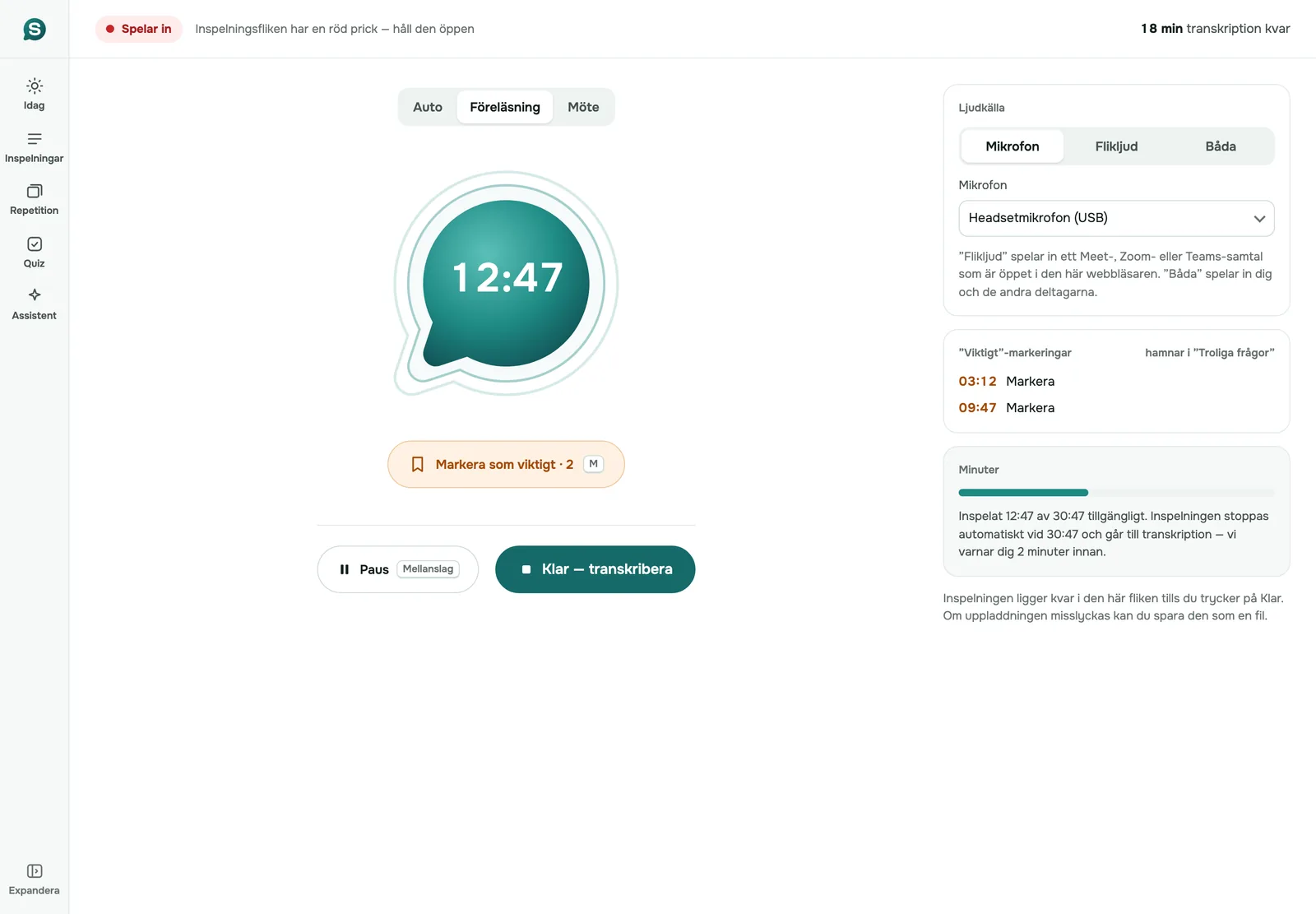 SozAI:s webbapp spelar in en session, med omkopplaren för ljudkälla: mikrofon, flikljud eller båda