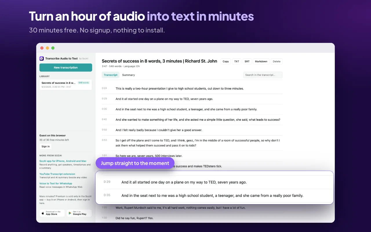 A transcript with a timestamp on every line