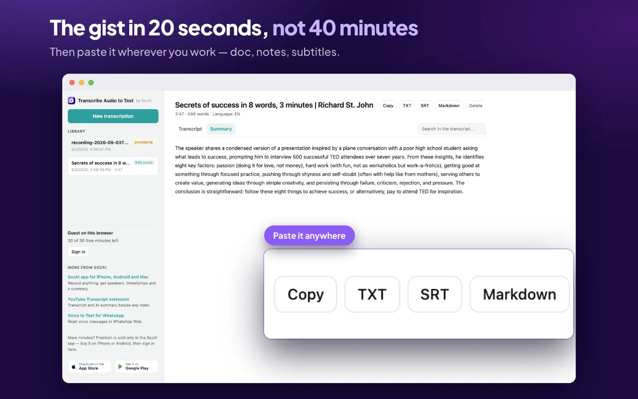 A summary, then copy or export