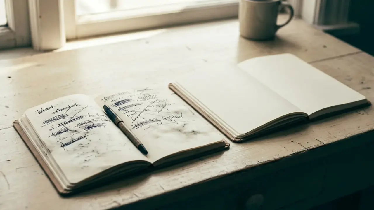 Two notebooks side by side on a desk, one heavily marked and one clean