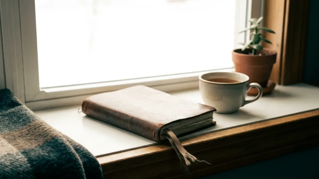 A closed notebook with a ribbon marker on a window seat in bright morning light