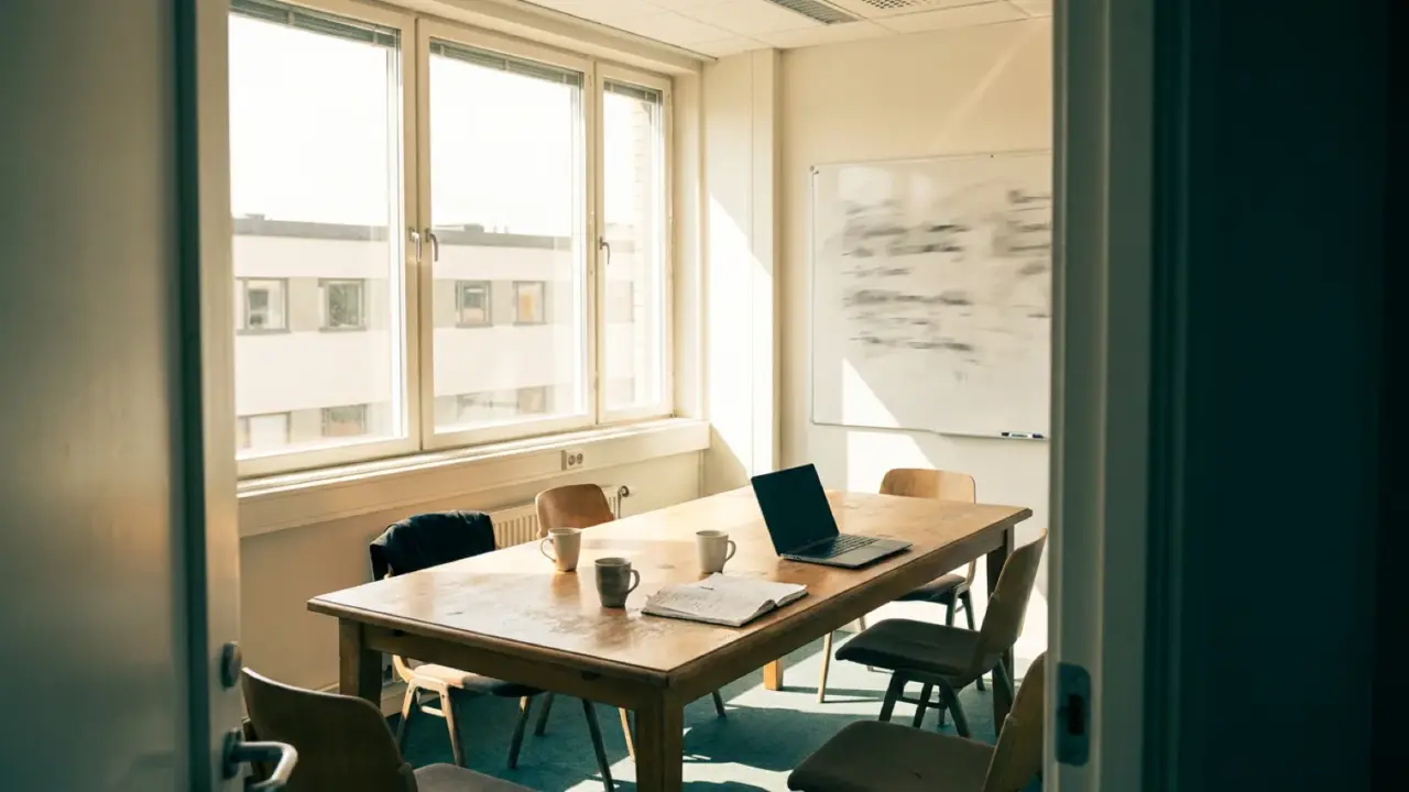 An empty meeting room in daylight with chairs pushed back and cups left on the table