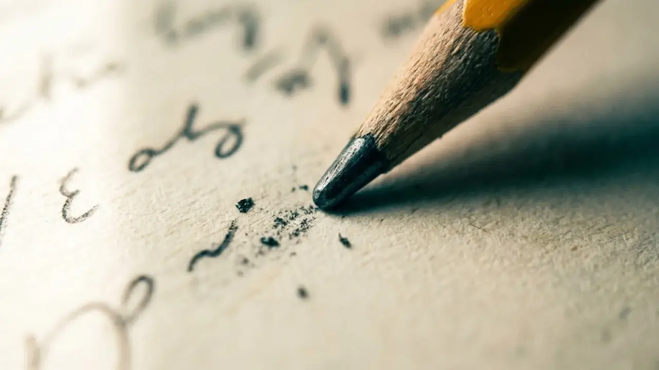 Macro photograph of a pencil tip resting on paper mid-stroke