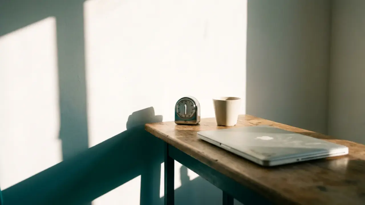 A closed laptop, a kitchen timer and an empty cup on a bare desk in morning sun