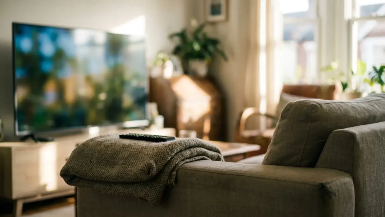 A bright living room with a television playing out of focus beside a sofa