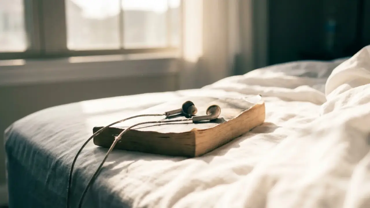 Earbuds resting on an open paperback lying face-down on a white bed sheet