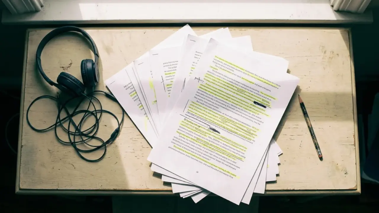 Printed pages marked with highlighter and coiled headphones on a desk, seen from above