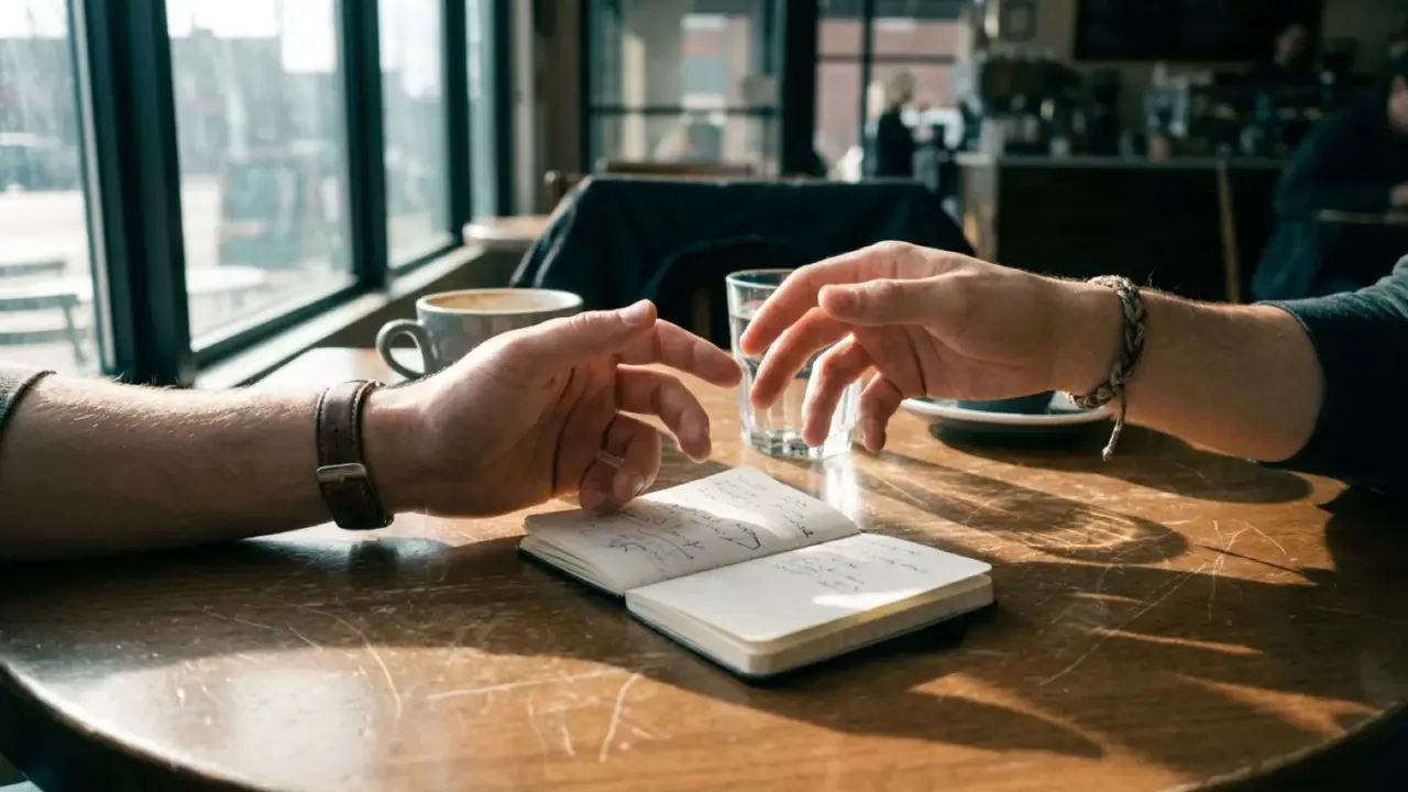 Two people's hands meeting over an open pocket notebook on a café table