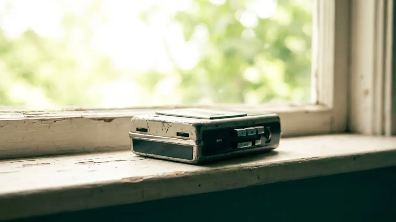 A small handheld recorder standing on a white windowsill against a bright garden