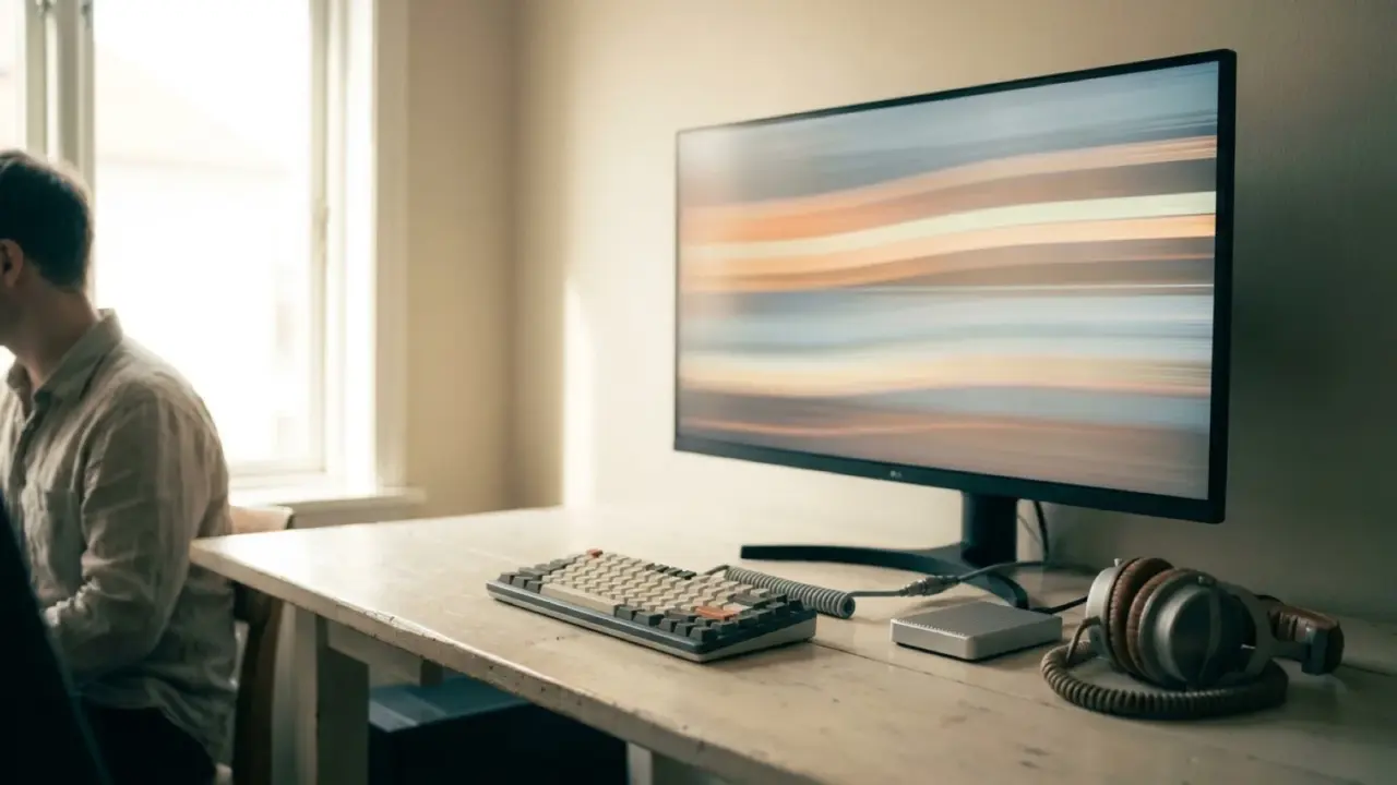 A wide monitor on a desk showing an editing timeline, headphones and a small drive beside the keyboard